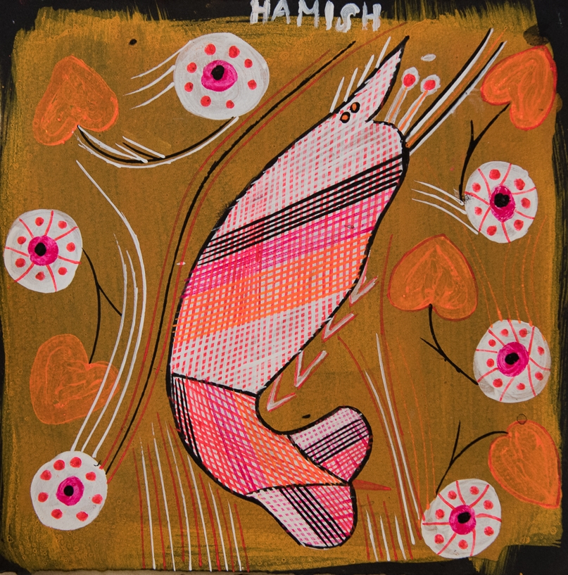  Hamish Garrgarrku Yabbie Dreaming 2015, Ochre, fluoro pigments, acrylic on black paper 28 x 28 cm  Hamish, like many Bininj artists, loves bright colours. He not only has dreadlocks, but with great ease he uses a traditional spear-grass bush brush to Rarrk his yabbie and yam lily Dreamings. His paintings are visual testimony, and they are supported with oral recordings, where he talks about his traditional hunting waterholes and creeks being muddied and destroyed by feral pigs and buffalos. 