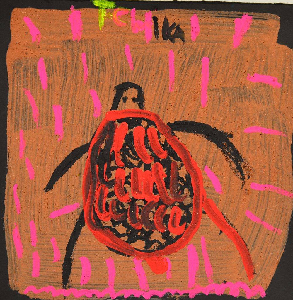 Temika Namudaj Catchin Turtle 2015, Ochre, fluoro pigment, acrylic, black paper 28 x 28 cm  The children, just back with their parents from an afternoon hunting turtle on the Liverpool floodplain, wanted to paint the story of the day. They captured the great excitement of burning the grasses around the waterhole to reveal turtle aestivation breathing holes. Laughing family groups move between the smoke and trees surrounding the waterhole, poking long sticks down until the thud of turtle is felt in the mud below. In Temika’s painting the smoke rises around the turtle as it is taken to a nearby fire for immediate cooking.  
